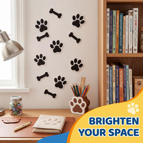 Black Paw Print And Bone Cutouts Set For Doggy Themed Parties And Classroom Decor on wall with books and desk accessories.