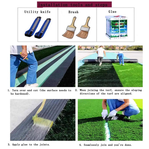 Installation steps for Realistic Outdoor Artificial Grass Lawn Turf Mat for Patio and Garden, using tools like utility knife and glue.