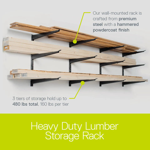 Heavy Duty Wood And Lumber Wall Storage Rack With 480 lb Capacity Steel Mounted Three Tier Shelf for garage use