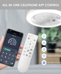 Image of Low Profile Ceiling Fan With Remote Dope Quiet DC Motor 19.7 Inch Flush Mount and remote app control displayed on phone.