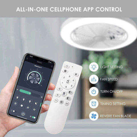 Image of Low Profile Ceiling Fan With Remote Dope Quiet DC Motor 19.7 Inch Flush Mount and remote app control displayed on phone.