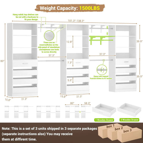 Diagram of Heavy-Duty All-In-One Closet Organizer System With Extendable Hanging Rods Spacious Drawer Units And Flexible Wooden Shelving.
