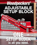 Knockout Adjustable Setup Block For The Weekend Warrior Dial In Router Bits And Saw Blades With Dead On Accuracy And Quick Grip Ergonomic Handles side view on a table saw.