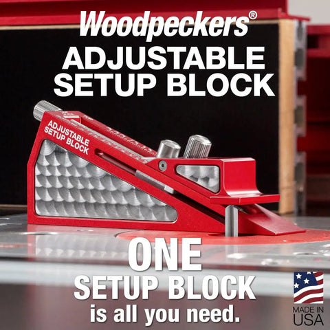 Knockout Adjustable Setup Block For The Weekend Warrior Dial In Router Bits And Saw Blades With Dead On Accuracy And Quick Grip Ergonomic Handles side view on a table saw.
