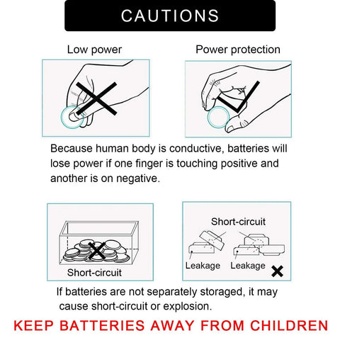 Caution instructions for Premium CR1620 3V Lithium Coin Batteries 5 Pack highlighting low power and short-circuit risks.