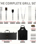21 Piece Heavy Duty Stainless Steel BBQ Tool Set With Apron And Aluminum Case Complete Outdoor Grilling Kit displayed