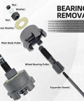 Components of All In One Motorcycle Wheel Bearing Puller Tool Kit For Most Models With 25mm Bearings including main body puller and expander dowel.