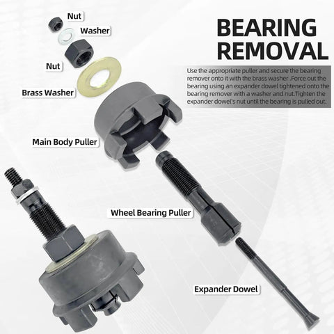 Components of All In One Motorcycle Wheel Bearing Puller Tool Kit For Most Models With 25mm Bearings including main body puller and expander dowel.