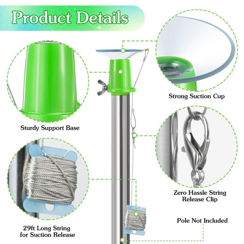 Easy No Sweat Ceiling Light Bulb Changer With Suction Cup, showing sturdy base, suction cup, string release clip, and no pole included.