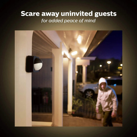 Smart Outdoor Motion Sensor For Indoor And Outdoor Lights Weatherproof Black Detector on a porch deterring intruders at night