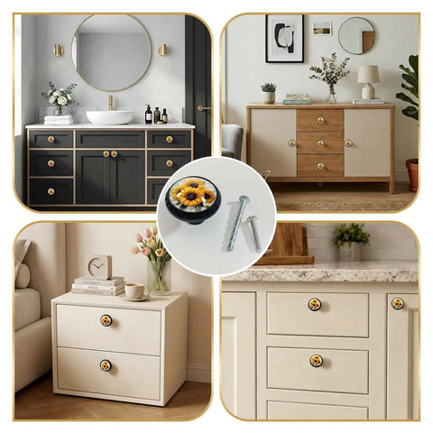 Vintage Sunflower Cabinet Knobs 4 Pack Round Acrylic Drawer Dresser Hardware For Home Kitchen Wardrobe Cupboard Doors Rustic Retro Farmhouse Vibe Easy Install Set on various furniture