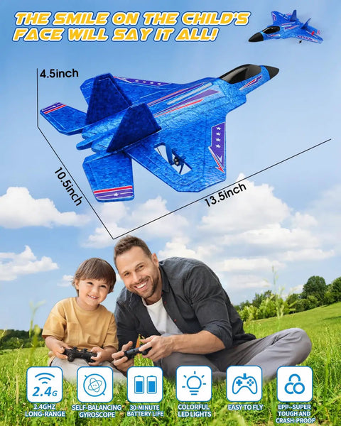 Father and son playing with F22 RC Airplane Beginner Friendly Easy To Fly 2.4GHz Remote Control Fighter Jet With Gyro Stabilizer And LED Lights.