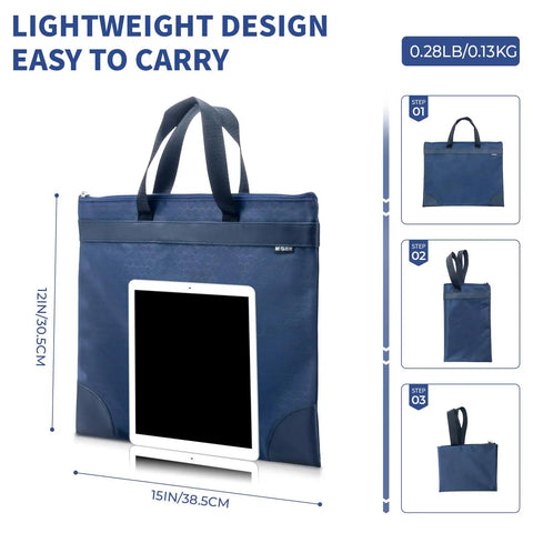 Go Anywhere Heavy Duty Large Zipper Pouch With Handle Fits A4 Paper And 16 Inch Laptop, Waterproof Oxford File Bag, Spacious Organizer For Office Travel And Daily Grind In Blue, showing lightweight design with handle.