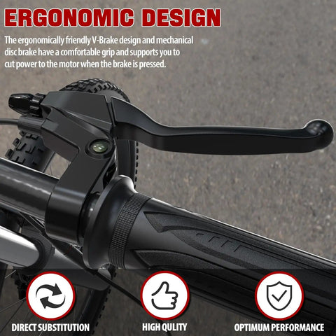 Black hand brake lever on electric bike handlebar from All-In-One Electric Bike Brake Lever Kit With Waterproof 2-Pin Connector