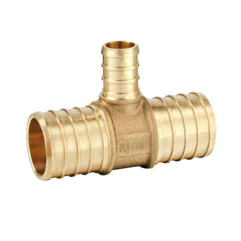 Five Pack Lead Free Brass PEX Crimp Tee Fittings 1 Inch By 1 Inch By 1 Inch For PEX Tubing, DZR Brass, Corrosion Resistant
