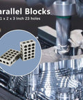 Built Tough Precision Hardened Steel Gauge Block Set 1 2 3 Inch Sizes showing two parallel blocks with 23 holes.