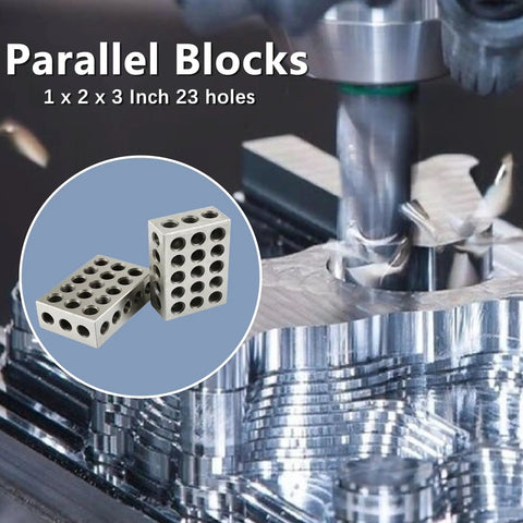 Built Tough Precision Hardened Steel Gauge Block Set 1 2 3 Inch Sizes showing two parallel blocks with 23 holes.