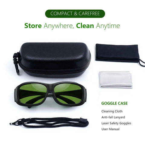Heavy-Duty Laser Safety Goggles Crafted With Badass OD 6 Plus Eye Shielding Across 808 To 1064 NM Bands set with case, lanyard, and cleaning cloth.