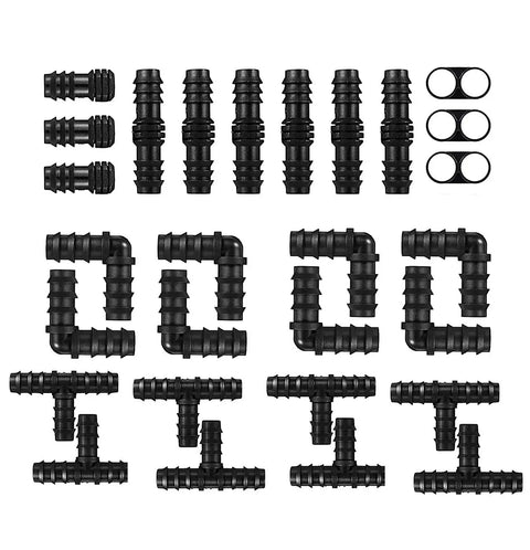 100Pcs Drip Irrigation Connectors Fittings Kit For One Half Inch Tubing Including 30 Tees 30 Couplings 20 Elbows shown