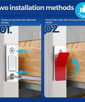 Two installation methods for 12 Pack Ultra Thin Magnetic Cabinet Catches With Invisible Adhesive, securing cabinets effectively.