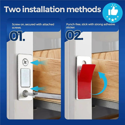 Two installation methods for 12 Pack Ultra Thin Magnetic Cabinet Catches With Invisible Adhesive, securing cabinets effectively.