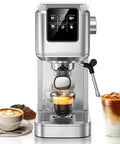 20 Bar Espresso Machine With Hot Cold Brew Switch For Silky Lattes And Bold Cappuccino Creations Stainless Steel Coffee Brewer on kitchen counter with espresso and iced coffee.