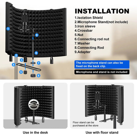 Top Shelf Microphone Isolation Shield With Snap Fit Pop Filter assembled with mic stand details for seamless setup and use.