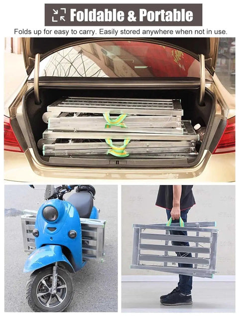 Sturdy Folding Work Platform with Adjustable Height Scaffold and Built-In Workbench Stool shown folded for easy transport.