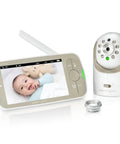Patented Active Noise Reduction 5 Inch HD Video Baby Monitor With One Camera No Wifi Hack Proof Pan Tilt Zoom And Interchangeable Lenses showing baby on screen and camera.