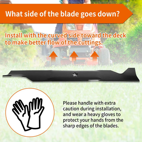 Image showing a Hi Lift Mower Blade for 46 Inch Deck fits Husqvarna YTH Series and Craftsman YT3000 with installation tips.
