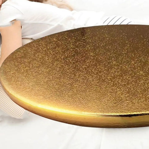 Rides Smooth Across Any Dining Surface This Rechargeable Electric Lazy Susan Turntable 80 Cm Size with a shiny golden surface.