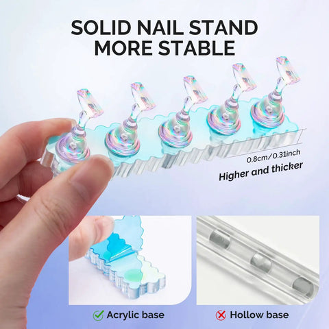 Two Sets Blue Acrylic Nail Stand With Magnetic Display Base For Press Ons Includes 10 Transparent Stands And 30 Pink Reusable Putty Or 100 Transparent Double Sided Tape For Easy Home Or Salon Nail Art Display And Organization showing blue acrylic base with five transparent stands.