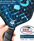 USAPA Approved Fiberglass Surface Pickleball Paddle Set For Men And Women, close-up of paddle with approval seal.
