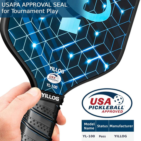 USAPA Approved Fiberglass Surface Pickleball Paddle Set For Men And Women, close-up of paddle with approval seal.