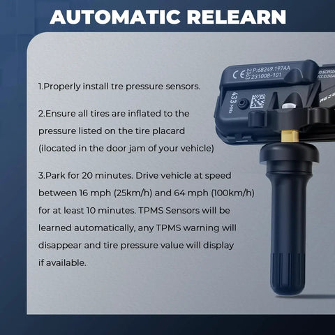 TPMS Sensor Set Of 4 433MHz Tire Pressure Monitoring System Pre Programmed Auto Relearn Replacement For Your Ride Make Model Year High Quality New Sensors Ready To Roll After A Quick 20 Minute Drive, auto relearn sensor shown