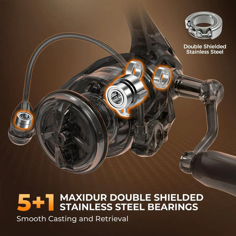 Image showing the Lethal Blaze Spinning Reel with ultra smooth drag, CNC aluminum spool, and 5+1 Maxidur double shielded stainless steel bearings.