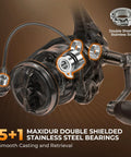 Lethal Blaze Spinning Fishing Reel With Ultra Smooth Drag And 5 Point 2 To 1 Gear Ratio CNC aluminum spool showing 5+1 bearings