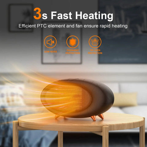 600W Desk Heater With PTC Ceramic Tech on wooden table, quick heat, compact black space heater for indoor use, safe auto shutoff