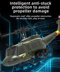 Image of an RC helicopter with anti-stuck protection, focusing on propeller safety and design in a futuristic digital background.