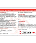 Bodily fluid pick up guide label for a 22-piece spill kit, red header, Urgent First Aid logo.