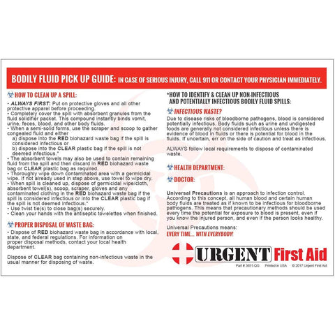 Bodily fluid pick up guide label for a 22-piece spill kit, red header, Urgent First Aid logo.