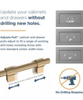 Adjusta-Pull cabinet handles showing range from 1-3/8 to 4 inches, matte black finish, no-drill design, for kitchen cabinets.