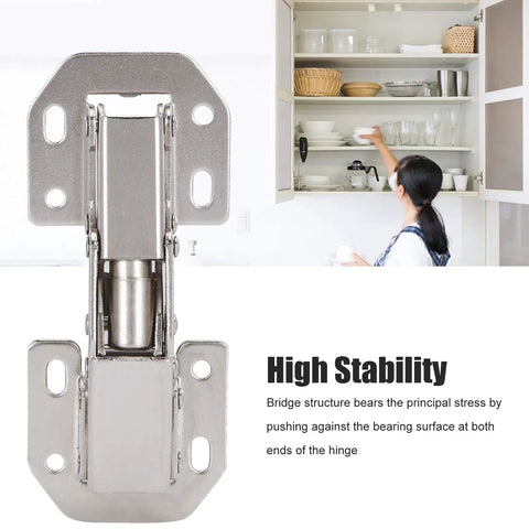 Four Pack Soft Close Cabinet Hinges No Drilling Bridge Shaped Cold Rolled Steel Plated for Kitchen Cabinets displayed on shelf
