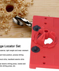 Red ABS plastic hinge locator set for woodworking, 35mm hinge hole saw jig and drilling guide.