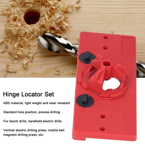 Red ABS plastic hinge locator set for woodworking, 35mm hinge hole saw jig and drilling guide.