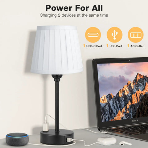 Two Pack Turquoise Bedside Lamps With USB C Port And AC Outlet Charging, 3 way dimmable teal nightstand lights for kids next to laptop.