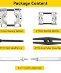 Heavy Duty 5 Ton Bearing Puller Set components including 3 inch and 2 inch bearing splitters, puller cross bar, lead screw, L-type legs