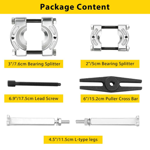 Heavy Duty 5 Ton Bearing Puller Set components including 3 inch and 2 inch bearing splitters, puller cross bar, lead screw, L-type legs