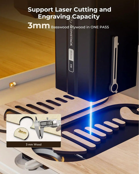 P1 5W Laser Engraver cutting 3mm basswood, close-up view of laser beam and cut groove.