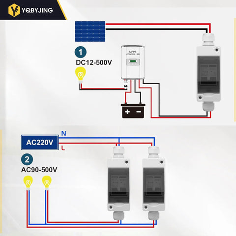 Diagram showing 63 Amp Solar Panel Disconnect Switch And Two Pole Circuit Breaker For DC And AC Up To 500V With PV Connector